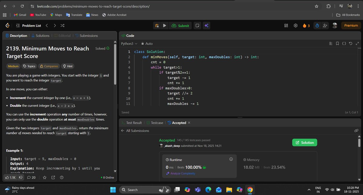_deep_star's tweet photo. Hello All, I completed #Day686 of #365DaysofCode Challenge with @scaler_official
Question: Minimum Moves to Reach Target Score
discord link: https://t.co/KZjzYqsRFf
#letsconnect #potd #scalerdiscordcommunity #codewithscaler #365daysofcodescaler #365DaysofCode https://t.co/GhwJqZwPbT