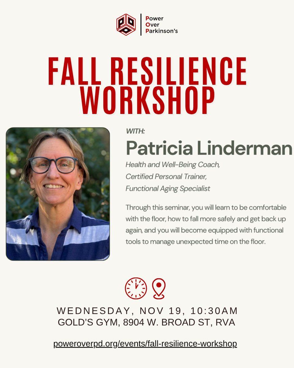 poweroverPD's tweet image. REMINDER! Build Your Fall Resilience!

📅 Date: Wednesday, 11/19
🕒 Time: 10:30am EST
📍 Location: Gold's Gym West End
🎟️ And! We plan to have a raffle or two! 

#PowerOverParkinsons #FallResilience #ParkinsonsSupport #FunctionalAging #StayStrong #POPCommunity