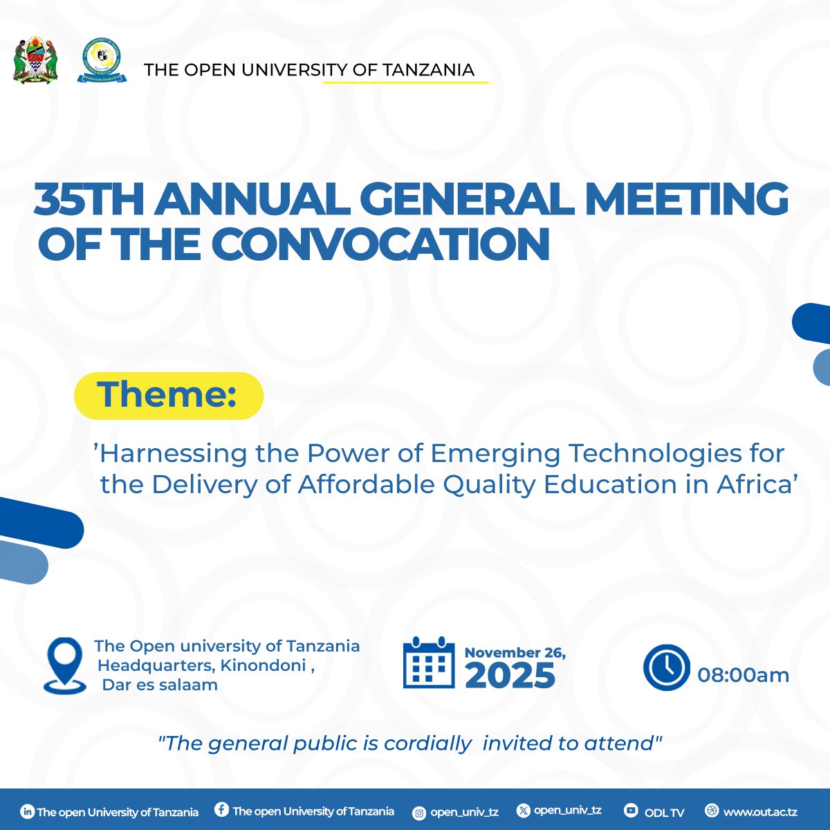 Open_univ_tz's tweet photo. Ready to shape the future of education?

Join us at the 35th Annual General Meeting of the Convocation as we unlock the power of emerging technologies for Africa’s learning revolution.
#affordablequalityeducationforall #elimuborananafuukwawote 
#out #openandonline #studyanywhere https://t.co/EaWhHp8xru