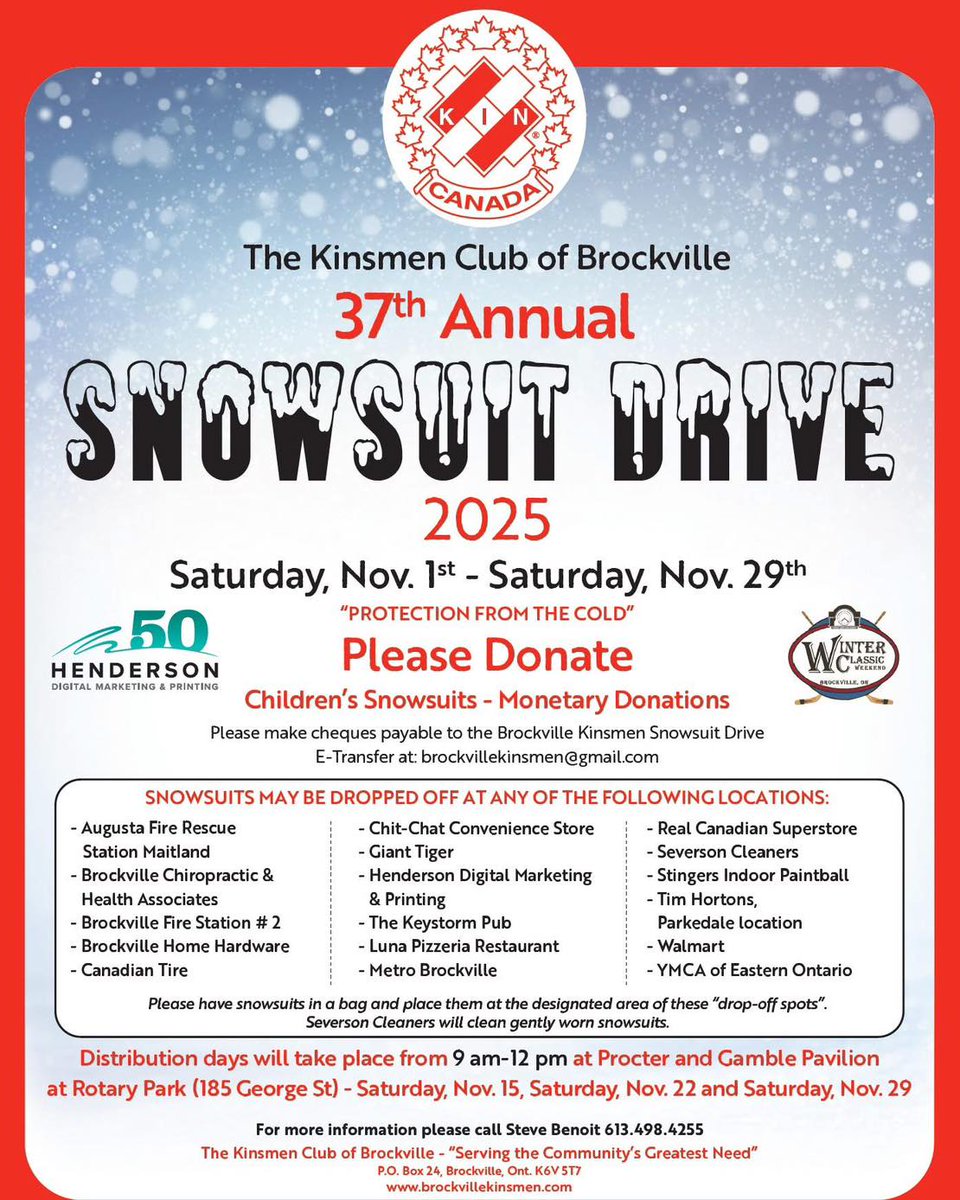 Augusta Firefighters Association is proud to partner with Brockville Kinsmen to collect donations for their annual Snowsuit Drive. They are in extra need of:
Boys and Girls sizes 5/6, 7/8, 10/12 jackets &amp; pants.
Boys and Girls size 14/16 or larger jackets.
Snow pants all sizes