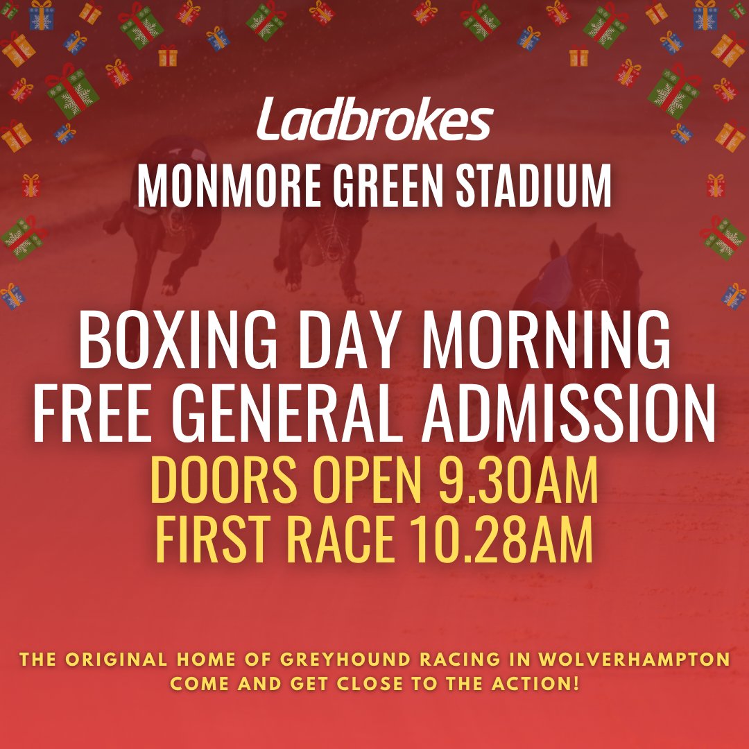 Join us for what promises to be one of the most exciting days of the year as we continue our long-standing tradition of offering FREE general admission on Boxing Day 🎁

Our doors open at 9.30am with the first race of the day at 10.28am 👌
monmoregreyhounds.com/general-admiss…