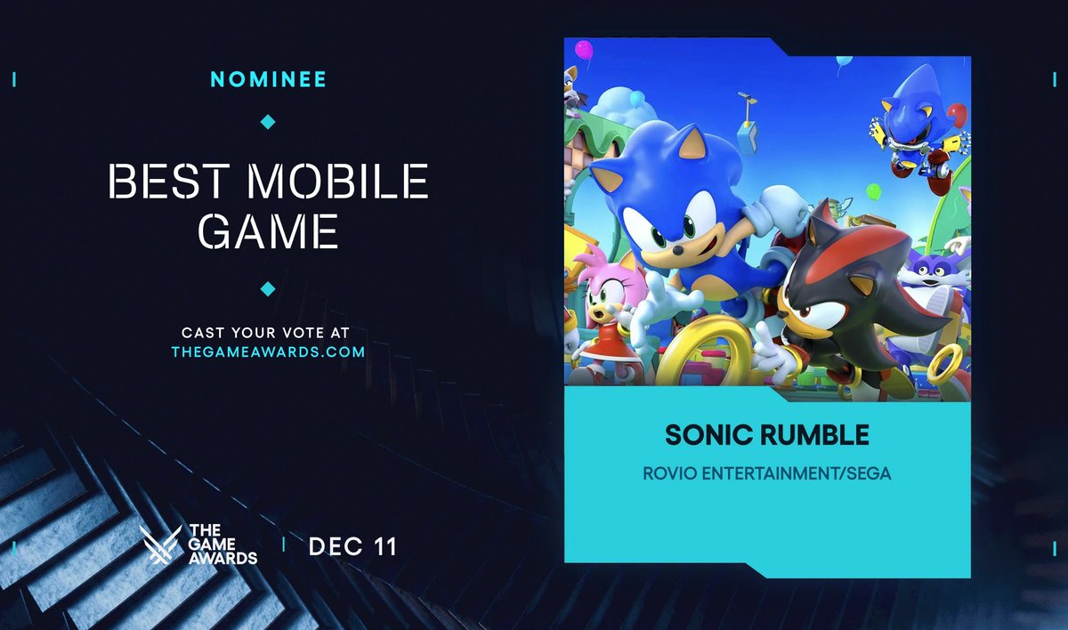 Sonic_Rumble's tweet image. We’re nominated for Best Mobile Game at #TheGameAwards #TGA2025! ⚡

#SonicRumble has been nominated for Best Mobile Game at The Game Awards 2025! Massive thanks to our community for making this possible 💙

Vote now 🗳️ sonicrumble.com/tgavote