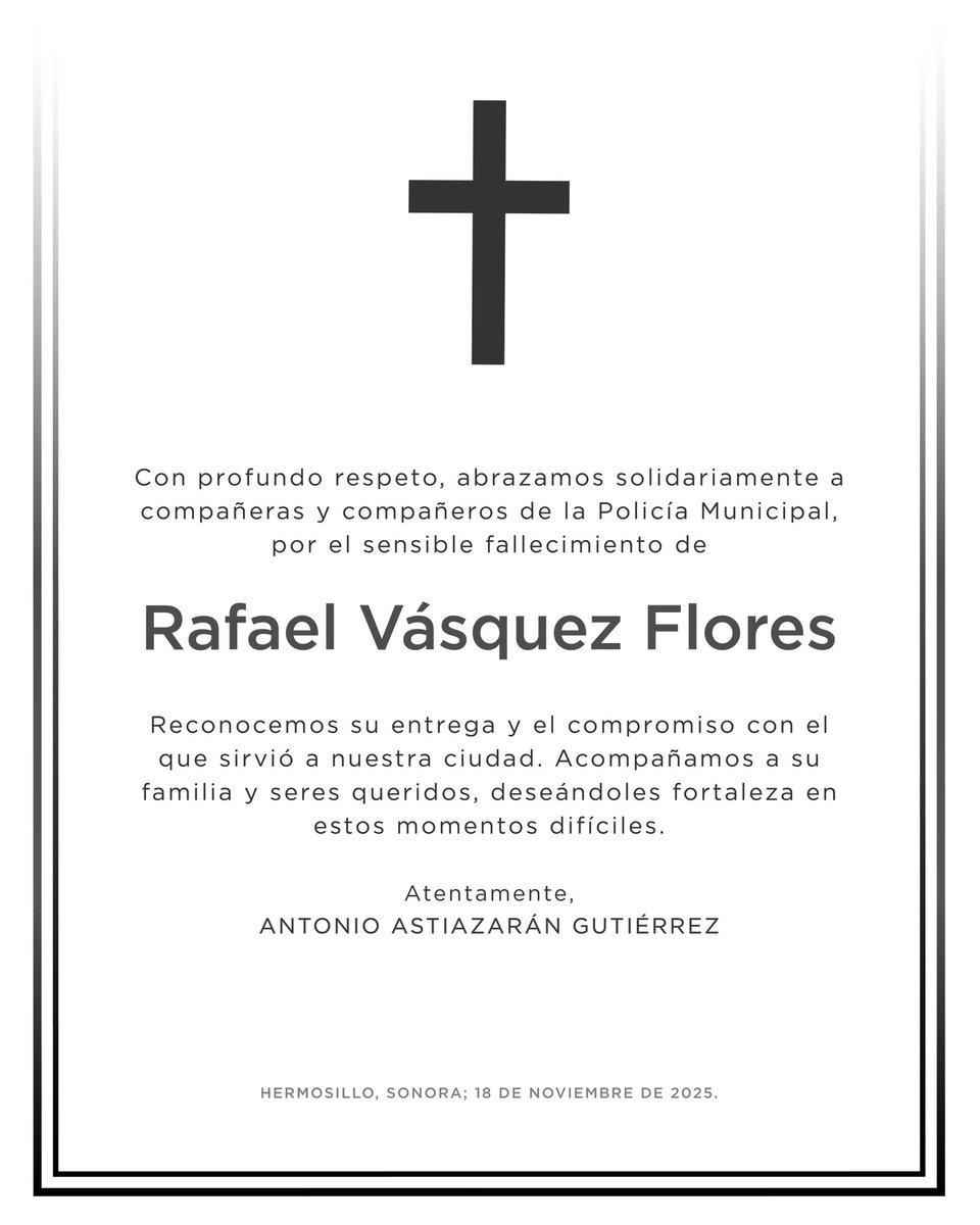 Con respeto, acompañamos a la familia de Rafael Vásquez Flores, elemento de Tránsito Municipal, así como a sus compañeras y compañeros de la Policía Municipal.

Nuestro más sentido pésame.