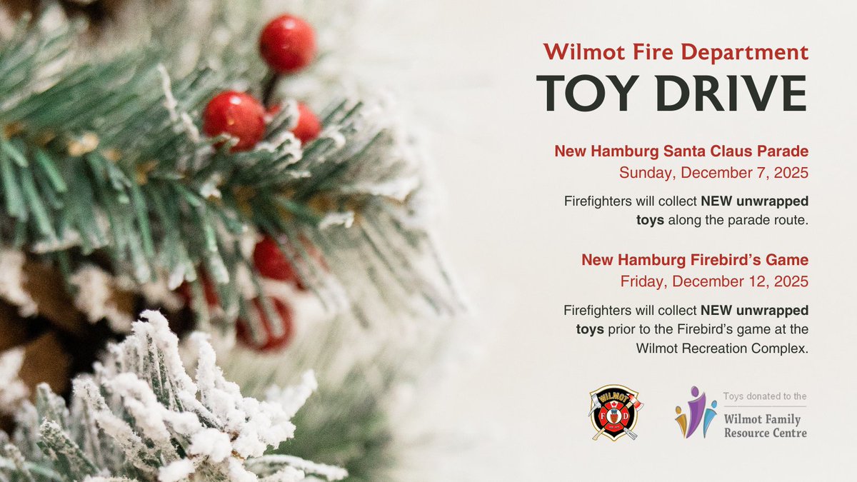 WilmotTownship's tweet photo. Help the Wilmot Fire Department spread some holiday cheer by contributing to their annual toy drive!
Firefighters will accept new, unwrapped toys as follows:
🎁 New Hamburg Santa Claus Parade: Dec 7, 2025
🎁 New Hamburg Firebird’s Game:  Dec 12, 2025 https://t.co/JY7kAYLGZc