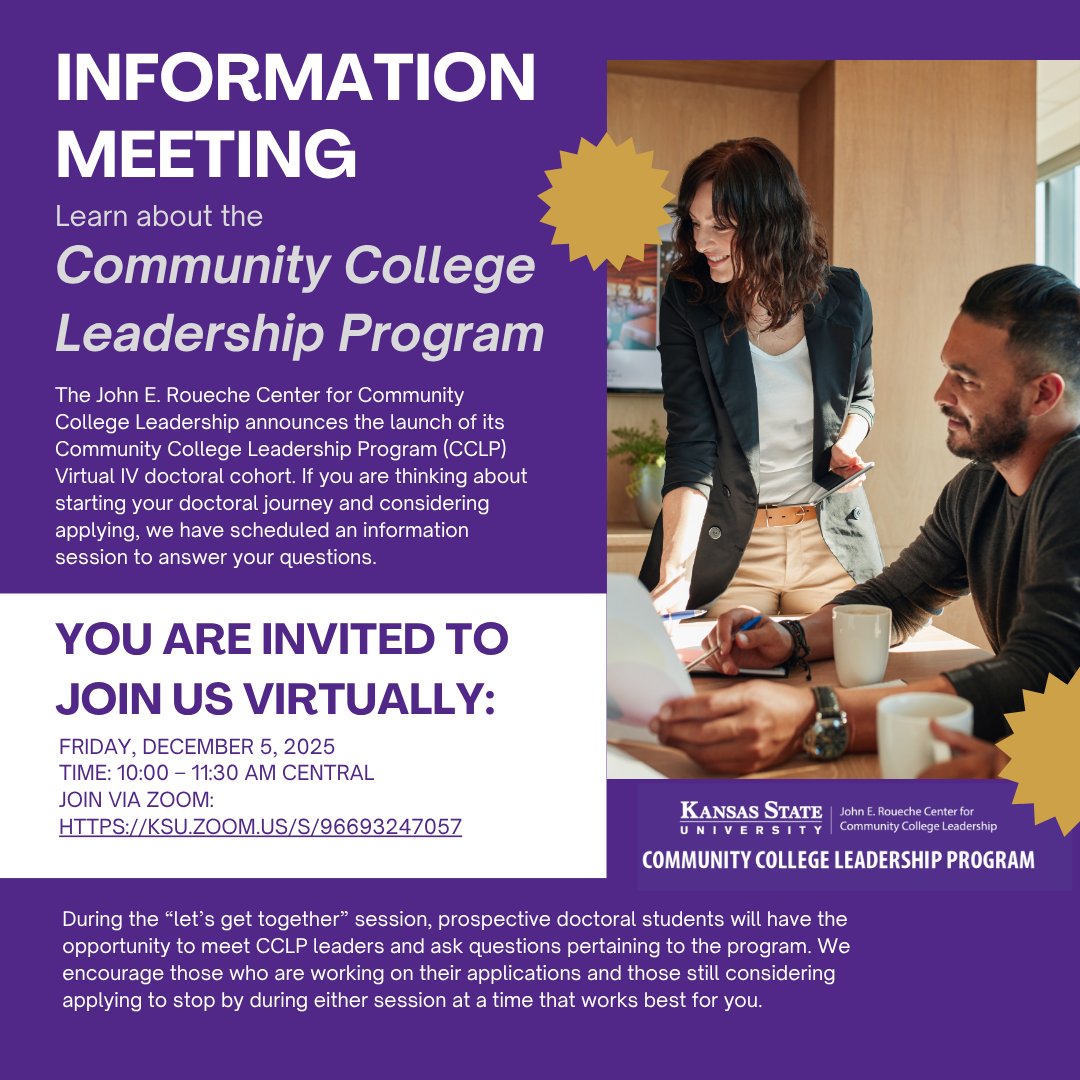 KSUCollegeofEd's tweet image. Ready to start your doctoral journey? 🎓
Join us for a CCLP Virtual IV info session to meet program leaders, ask questions, and explore whether this path is right for you. Drop in at the time that works best! 
Zoom: ksu.zoom.us/s/96693247057