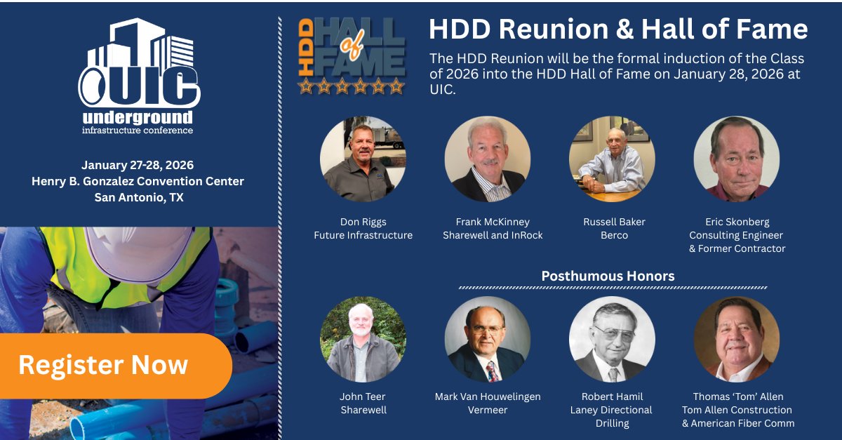 UConOnline's tweet image. HDD’s biggest night returns Jan 28 in San Antonio. Join the HDD Reunion and Hall of Fame at UIC 2026 and celebrate the Class of 2026 honorees. 

Register Now: ui-conference.com

#HDD #HDDReunion #TrenchlessTechnology #DirectionalDrilling #UndergroundInfrastructure #UIC2026