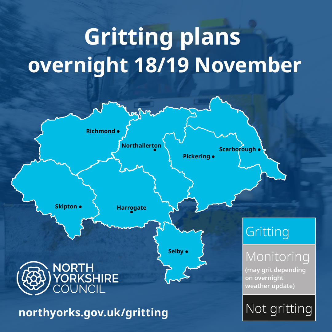 northyorksc's tweet image. We are gritting priority roads in all areas of North Yorkshire overnight of the 18 to 19 November.

Remember gritting doesn&apos;t guarantee an ice or snow-free surface. Enough traffic needs to drive over a gritted road to grind the salt in and activate it. Only then will the melting…