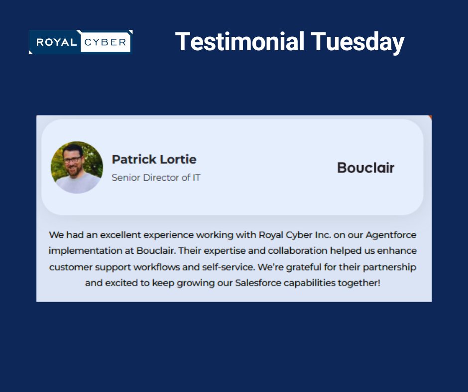 RoyalCyberUSA's tweet image. 💬 Testimonial Tuesday 💬
We appreciate feedback from our prestigious clients! #Bouclair, shares how partnering with #RoyalCyber on their #Agentforce implementation elevated customer support workflows and self-service. 
#TestimonialTuesday #RoyalCyber #SalesforceExperts
