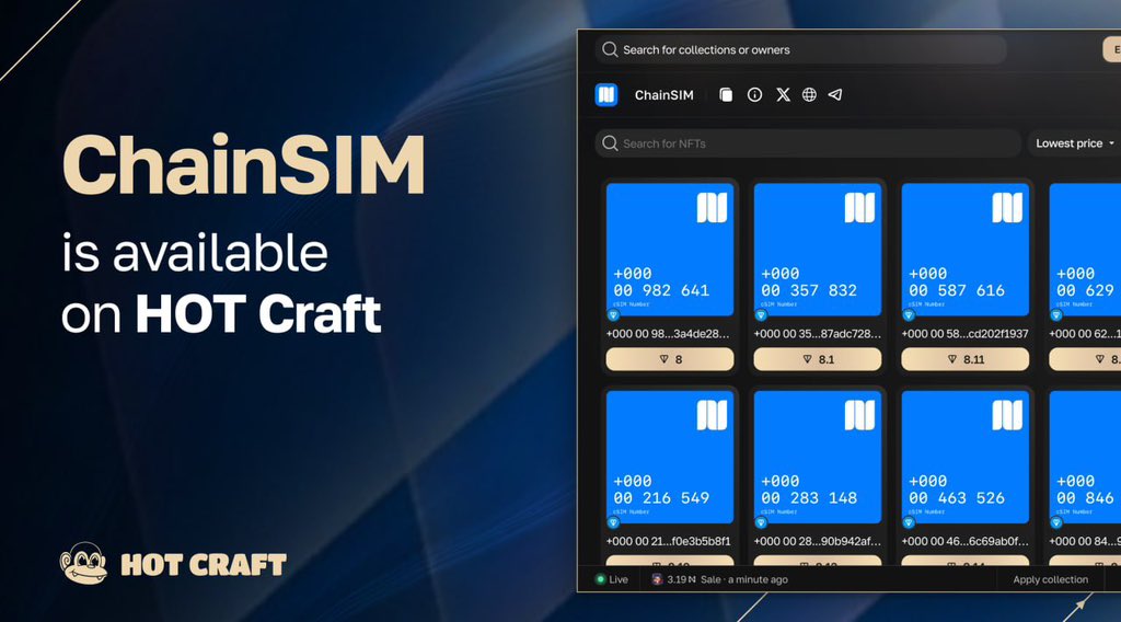 getchainsim's tweet photo. ⚡️ChainSIM just landed on Hotcraft!

Hotcraft is an abstract NFT marketplace built by the @hotdao_ team. 

Now you can:
- Trade ChainSIM with orderbook
- Buy with TON or NEAR
- Enjoy seamless cross-chain trading

https://t.co/6hZrBq7Ear https://t.co/lzI0dRYaib