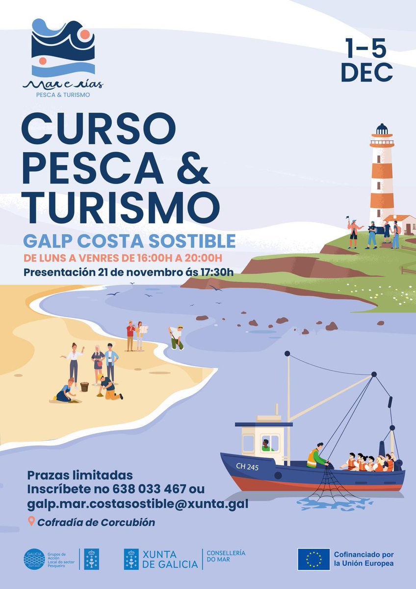 Curso de #pescaturismo e #turismomariñeiro na Confraría de Corcubión.
Do 1 ao 5 DEC, de luns a venres, de 16.00 a 20.00h.
Presentación este venres, 21 NOV, ás 17.30h na Confraría.
AS PRAZAS SON LIMITADAS. Inscríbete en galp.mar.costasostible@xunta.gal ou no Teléfono 638 033 467.