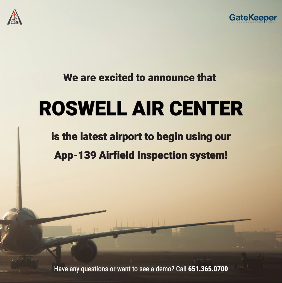 We are excited to announce that Roswell Air Center is the latest airport to begin using our App-139 Airfield Inspection System. Contact us today to learn how App-139 can streamline your Part-139 FAA Inspections. #GatekeeperSystems #App139