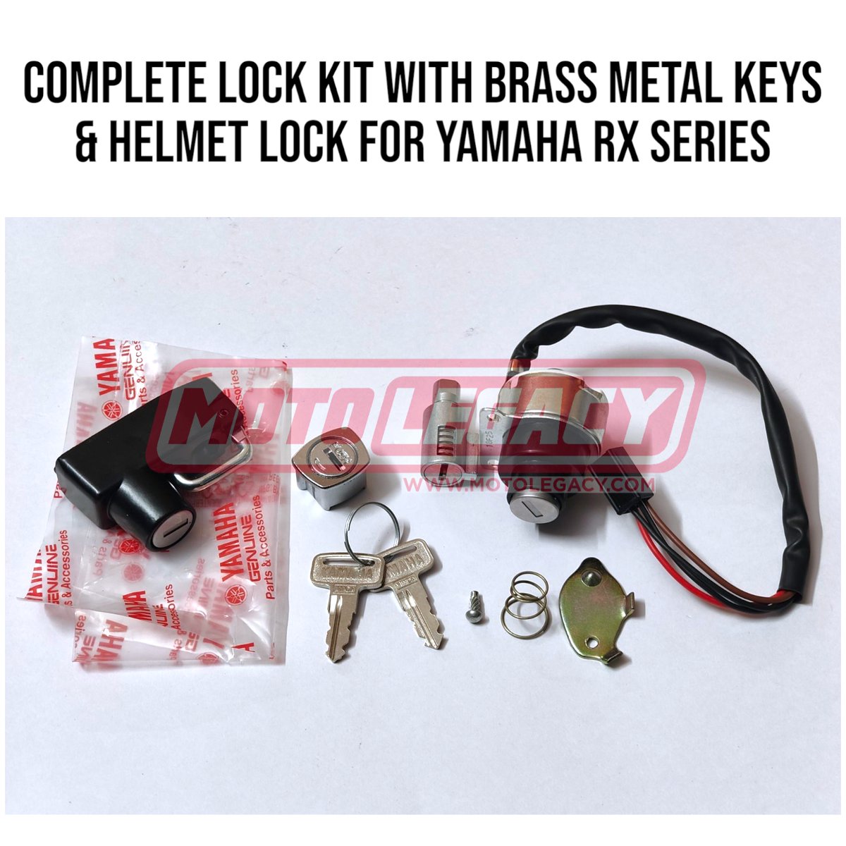 Motolegacy's tweet photo. Complete Lock Kit with Helmet Lock for Yamaha RX Series.

Brass Metal keys + Helmet Lock for that OG 2-stroke feel 🔥

Fits: RX100 / RX135 / RXG Includes: Tank Cap Lock, Ignition Lock, Steering/Handle Lock + 2 Keys 

WhatsApp us on 7075444950 or 7075444952 to place an order! https://t.co/xlm40fIf2j