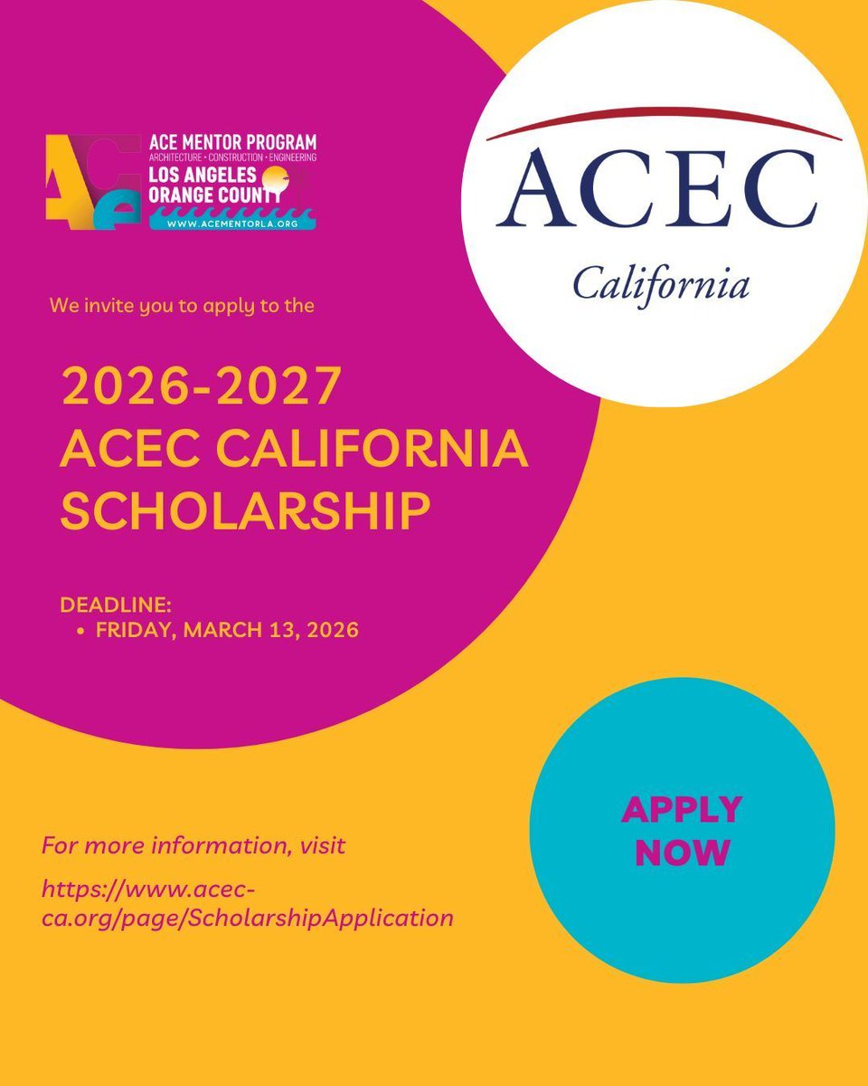 Calling all aspiring engineers! Apply now for the ACEC-CA Scholarship and build your future today.

🔗 Learn more &amp; submit your application: 
acec-ca.org/page/Scholarsh…

#ACEC #ScholarshipOpportunity #EngineeringStudents #ACECCalifornia #CollegeScholarships #ACEMentor