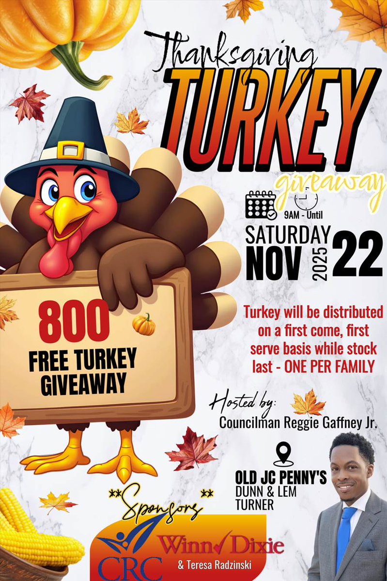 CityofJax's tweet image. Thanksgiving Turkey Giveaway! 🦃 Councilman @reggiegaffneyjr is hosting a free turkey giveaway for families in need this holiday season:

🗓️ Saturday, November 22nd
⌚️9am – Until supplies last
📍 Old JCPenney’s, Dunn &amp;amp; Lem Turner

First come, first served — one per family.