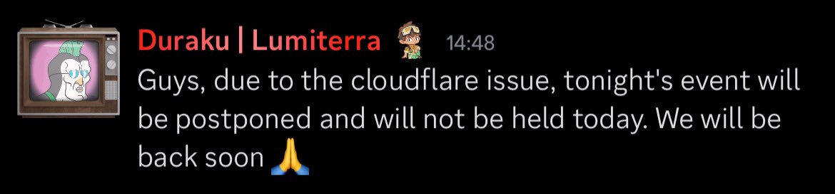unknownly2711's tweet photo. Sorry guys, the @LumiterraGame team and community was all hyped for the 9:00 ET announcement

But cloudfare decided to take a toll today 

Turns out it’s postponed till further notice

Stay hyped chads, will update y’all soon on the new date 💛 https://t.co/G0z9Ilk8cR