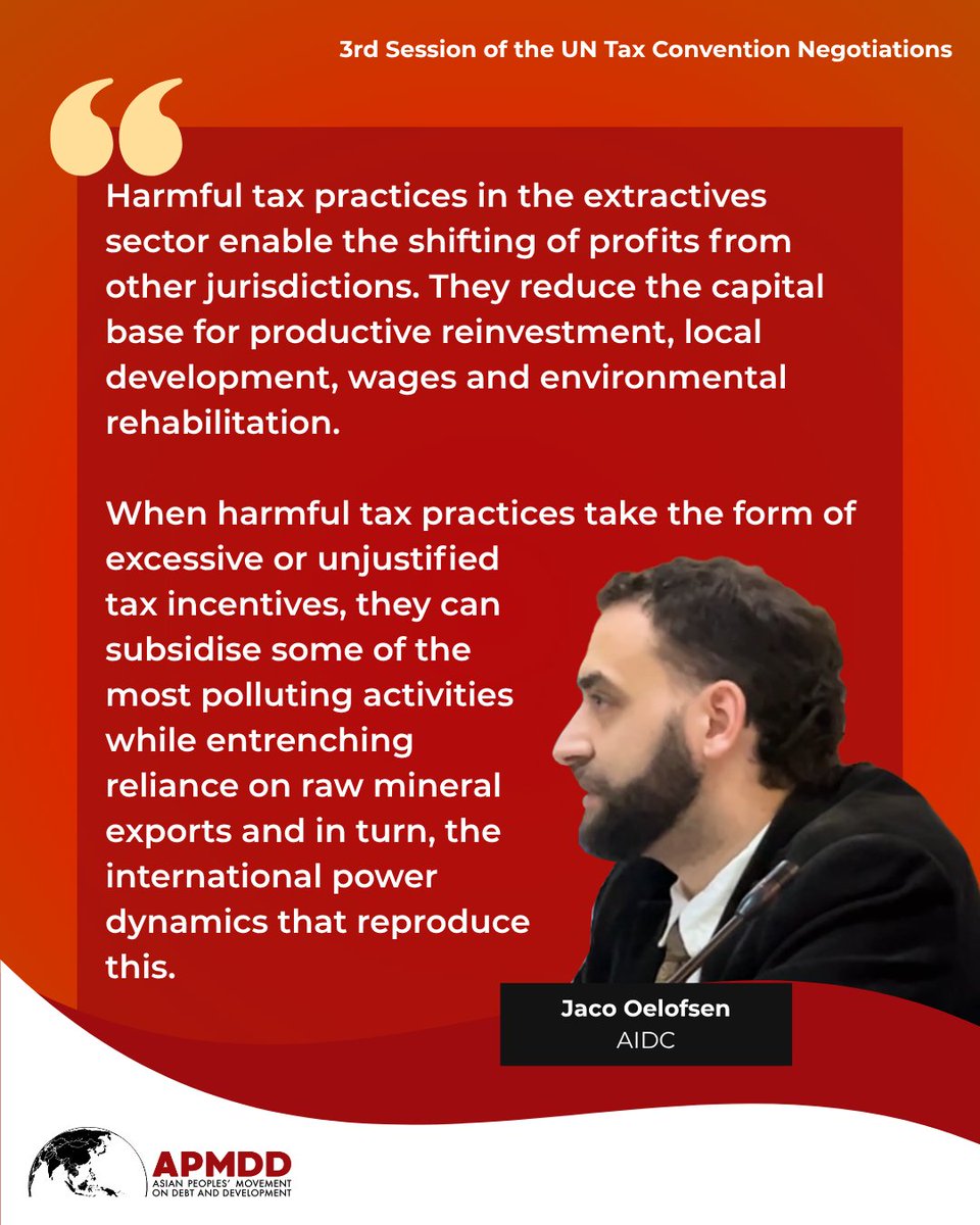 AsianPeoplesMvt's tweet image. Speaking on behalf of civil society during the 3rd session of the #UNTaxConvention negotiations in Nairobi, Jaco Oelofsen of the Alternative Information and Development Center (@AIDC_RSA) stressed the need to effectively address harmful tax practices in the extractive industry.