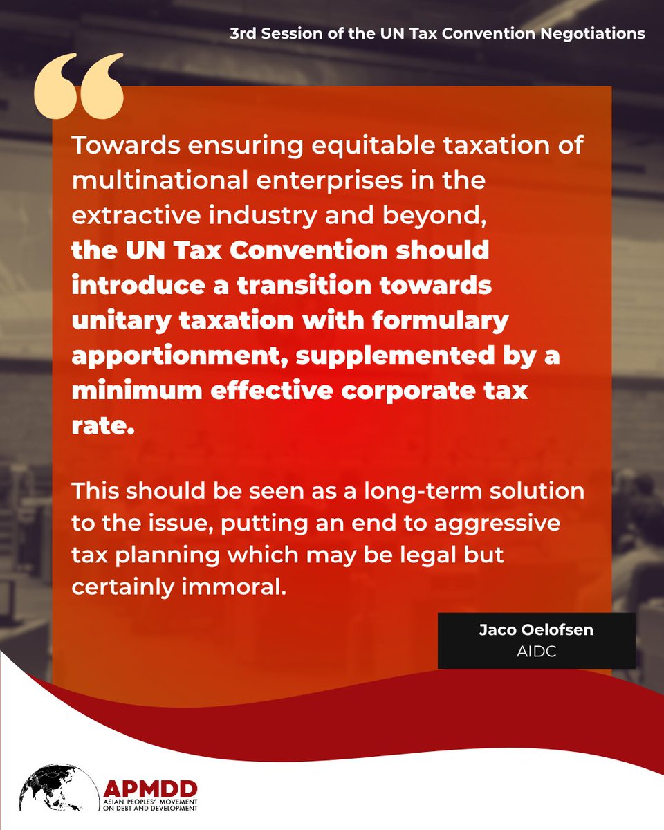 AsianPeoplesMvt's tweet image. Speaking on behalf of civil society during the 3rd session of the #UNTaxConvention negotiations in Nairobi, Jaco Oelofsen of the Alternative Information and Development Center (@AIDC_RSA) stressed the need to effectively address harmful tax practices in the extractive industry.