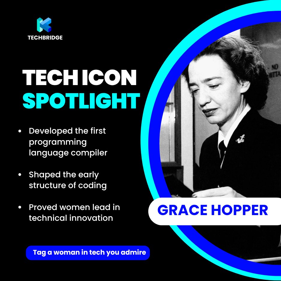 KTechbridge's tweet image. Grace Hopper built the first compiler.

Shaped modern coding.

She proved, decades ago, that women lead innovation.

Name a woman in tech you admire