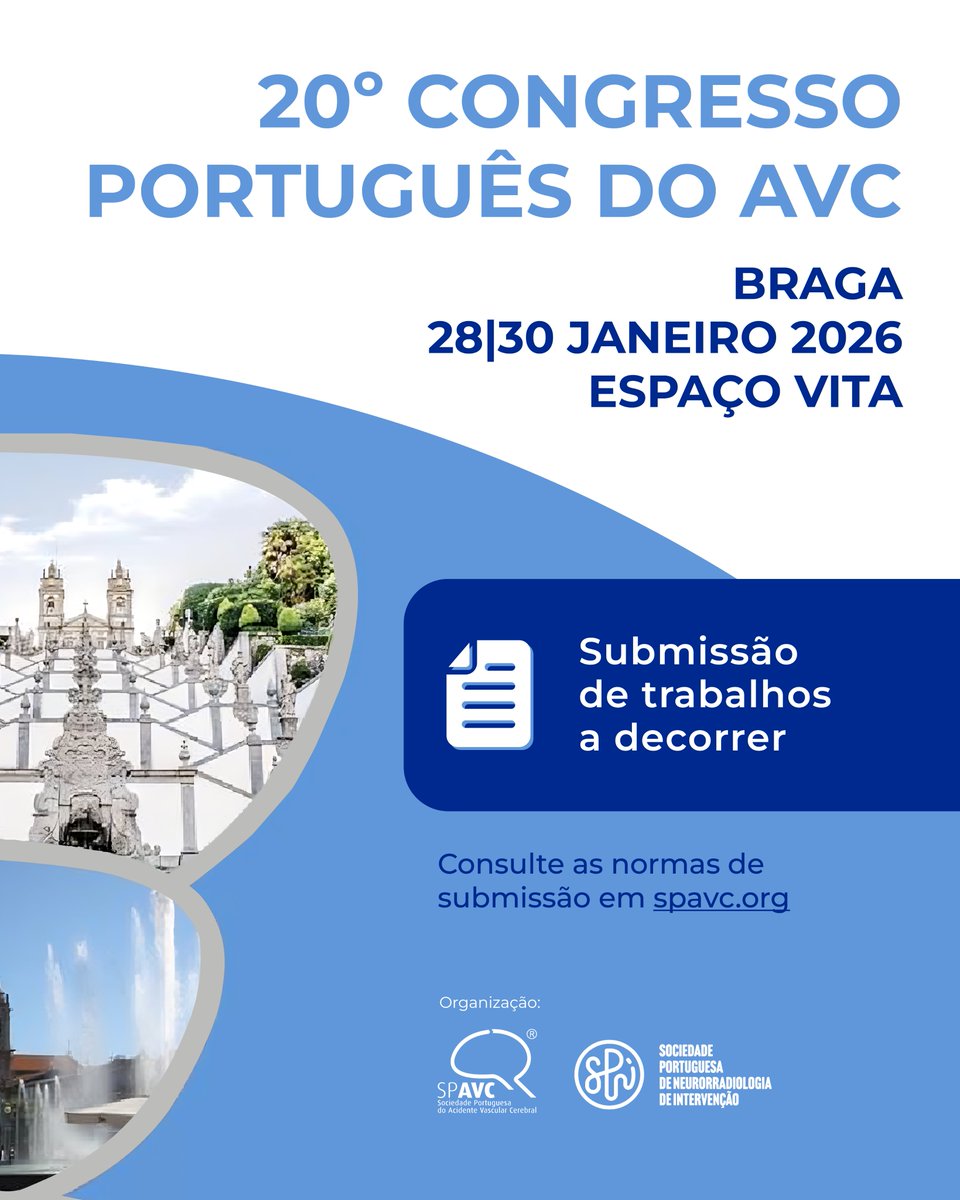 SPAVC_pt's tweet image. Está oficialmente aberto o período de submissão de trabalhos para o 20.º Congresso Português do AVC.

⚠️​Data limite: 11 de janeiro de 2026

Consulte as normas de submissão em spavc.org.

#CongressoAVC #SPAVC #SPNI #AVC #Braga2026 #CPAVC