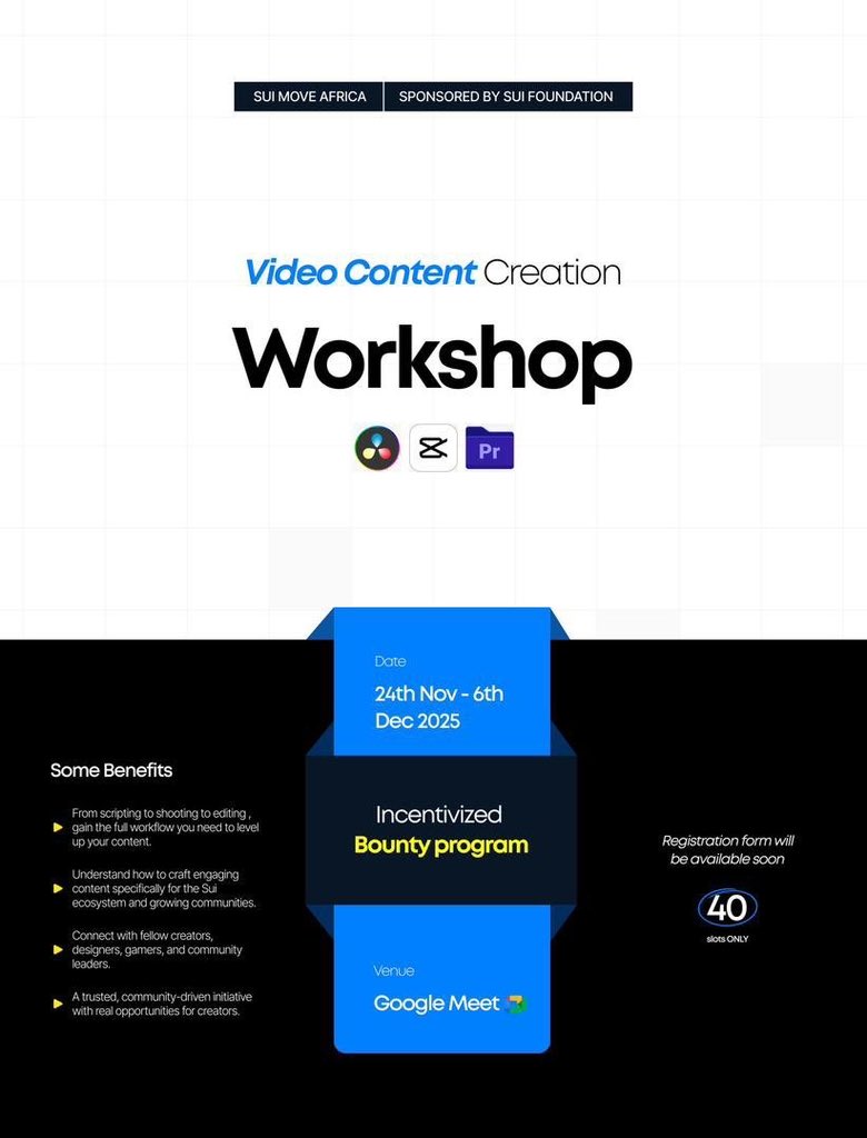 SuiMoveAfrica's tweet image. SuiMoveAfrica is launching the ultimate Video Content Creator Bootcamp!

This is your chance to level up your editing, storytelling &amp;amp; content game.

Only 40 creators get in.
Exclusive. Intensive. Incentivized.

Let’s build the future of content on @SuiNetwork. 

Kindly share your…