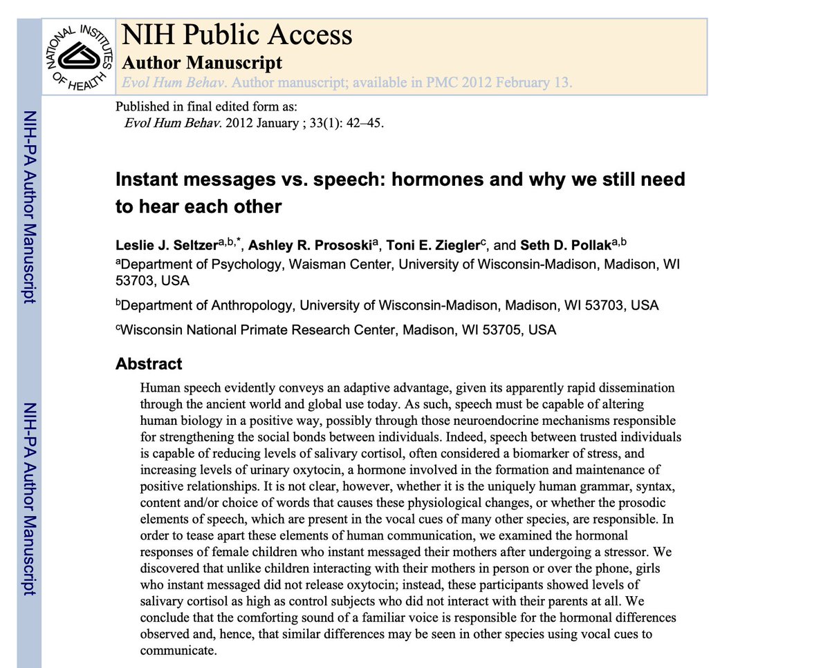 AriyoshiMd's tweet image. 人を落ち着かせるのは「内容」ではなく、声のトーンや抑揚という生物学的な刺激

・子どもにストレスを与えたあと、母親と会話や電話でやり取りした場合は、ストレスホルモン（コルチゾール）が下がり、オキシトシン上昇…