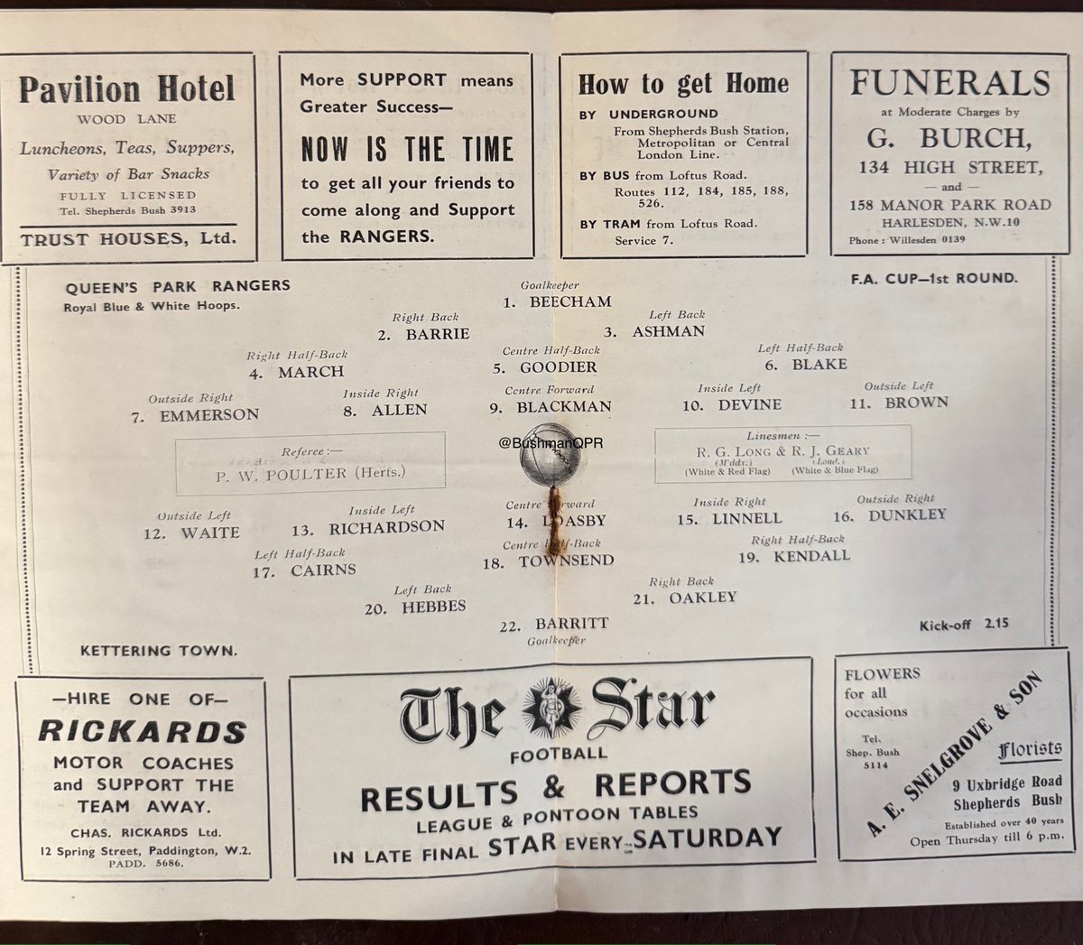 #OTD in 1933 <a href="/QPR/">QPR FC</a> 6-0 <a href="/KTFCOfficial/">Kettering Town FC</a> Jack Blackman 2, George Emerson 2, James Emerson and Richard Brown, score for #QPR  at Loftus Rd. Att: 14,000. #FACup 1st Rnd.