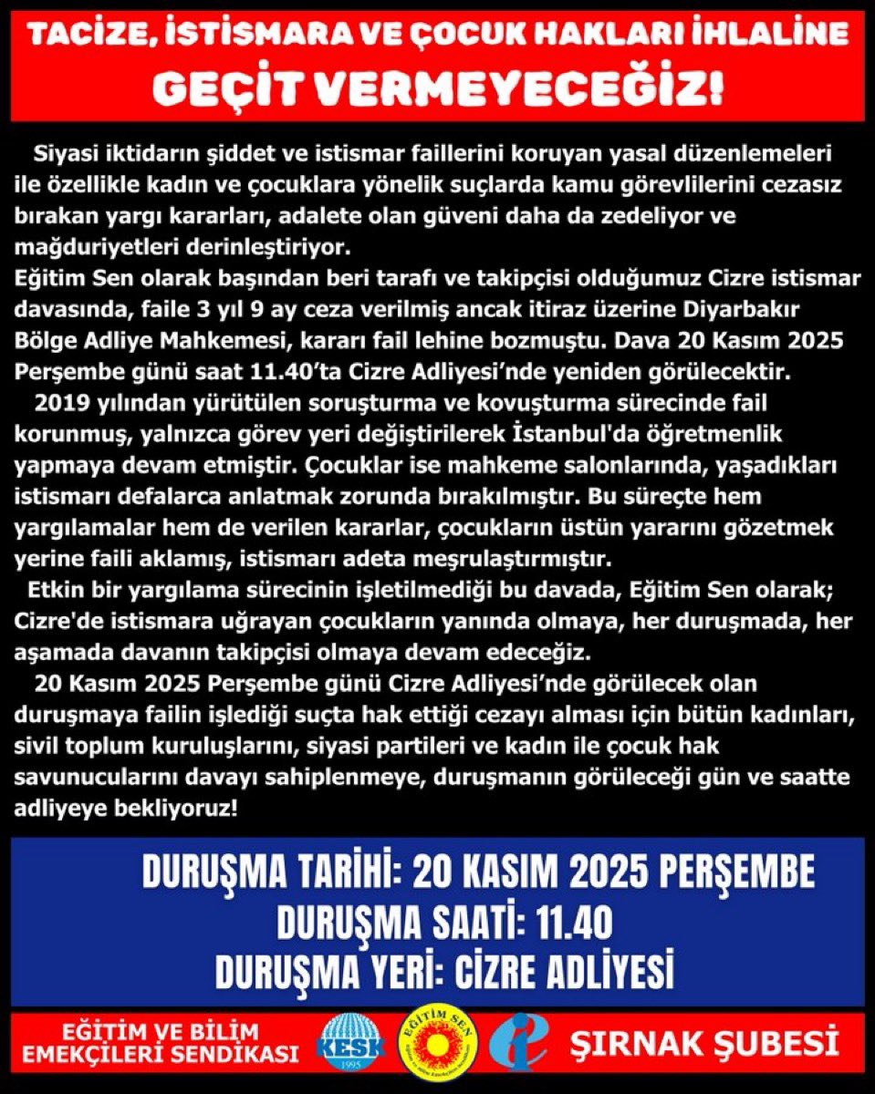 yardimsimge's tweet photo. Eğitim Sen olarak Cizre’de istismara uğrayan çocukların yanında olmaya her aşamada davanın takipçisi olmaya devam edeceğiz! 
📢20 Kasım’da Cizre Adliyesindeyiz! 

#İstismaraGeçitVermeyeceğiz https://t.co/h75MJBJsfv