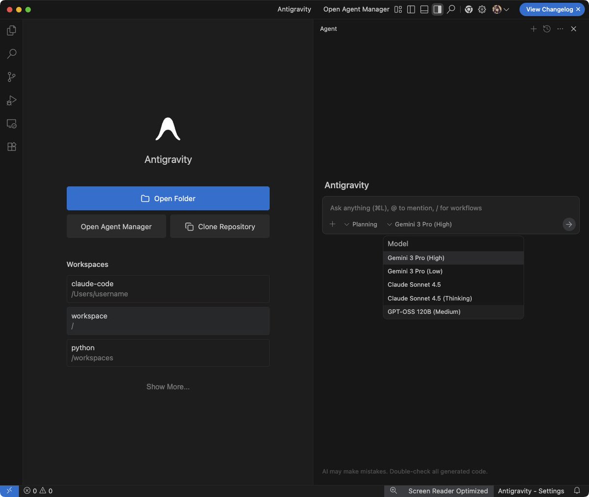 Antigravity

Google の AI 搭載 IDE。モデルは Gemini 3 Pro（High）、Gemini 3 Pro（Low）、Claude Sonnet 4.5、Claude Sonnet 4.5（Thinking）、GPT-OSS 120B（Medium）から。macOS / Windows / Linux 対応。

ダウンロード
antigravity.google/download

公式ドキュメント
antigravity.google/docs/get-start…