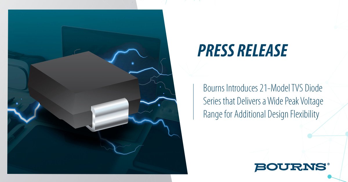 Bourns's tweet image. Voltage spikes destroy circuits in microseconds. Our new SMLJ-R Series TVS Diodes stop them cold. Compact protection for portable devices, 3000W peak pulse power, 12-30V range. Keep your designs safe from #ESD &amp;amp; transient surges. bourns.co/4r7mTSQ #CircuitProtection #Bourns