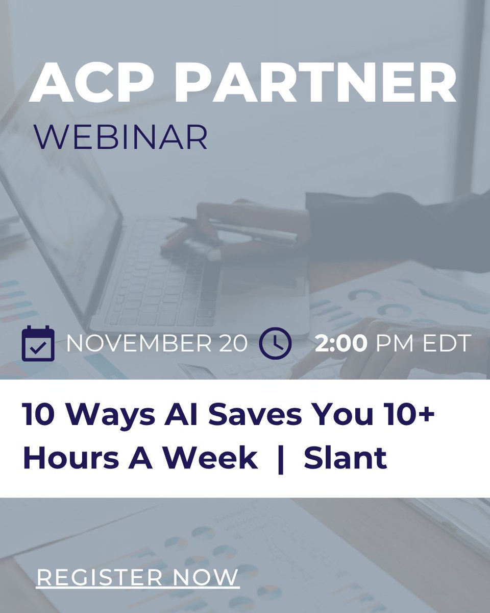 Learn how AI is reshaping the financial industry and saving time in your week! Join Slant CRM Co-Founder Thomas Clawson on Thursday at 2:00 PM eastern. 

ACP Members Only! Register now:  bit.ly/ACP-Slant