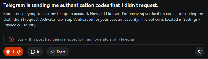 time_not_exist's tweet photo. @telegram 
I tried to post this warning on reddit. In response, the telegram community moderators automatically deleted the post. Which is why I left the group. https://t.co/uxqoY5Xh1x