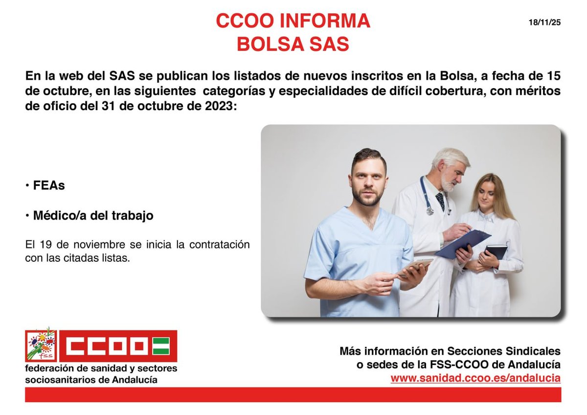 📌 CCOO Informa - Bolsa SAS

📑 Publicados listados de nuevos inscritos para diversas categorías

🗓 El 19 de noviembre se inician las contrataciones

#CCOOTuSolución