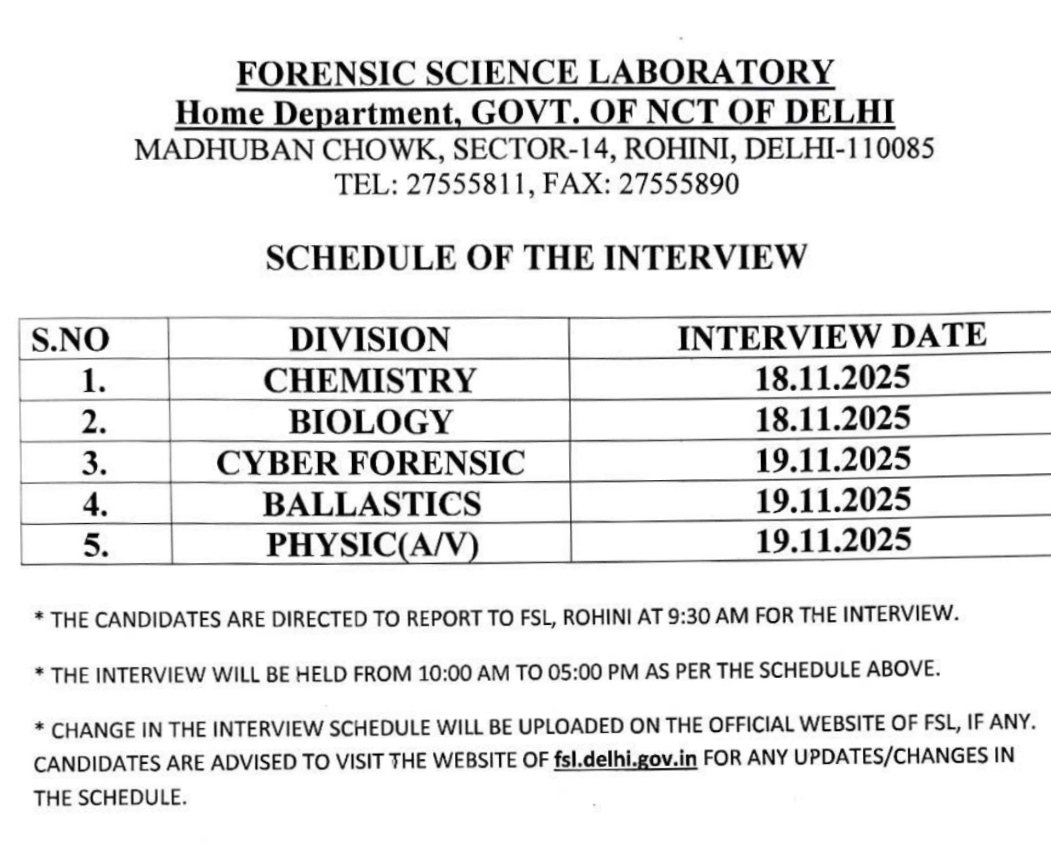 h_pongilath's tweet image. Forensic Science Laboratory - Home Department - Govt. of NCT of Delhi - Schedule of the Interview&apos;s to be held on 18.11.2025 &amp;amp; 19.11.2025 
#forensic #cyberforensic #ballastics #Delhi