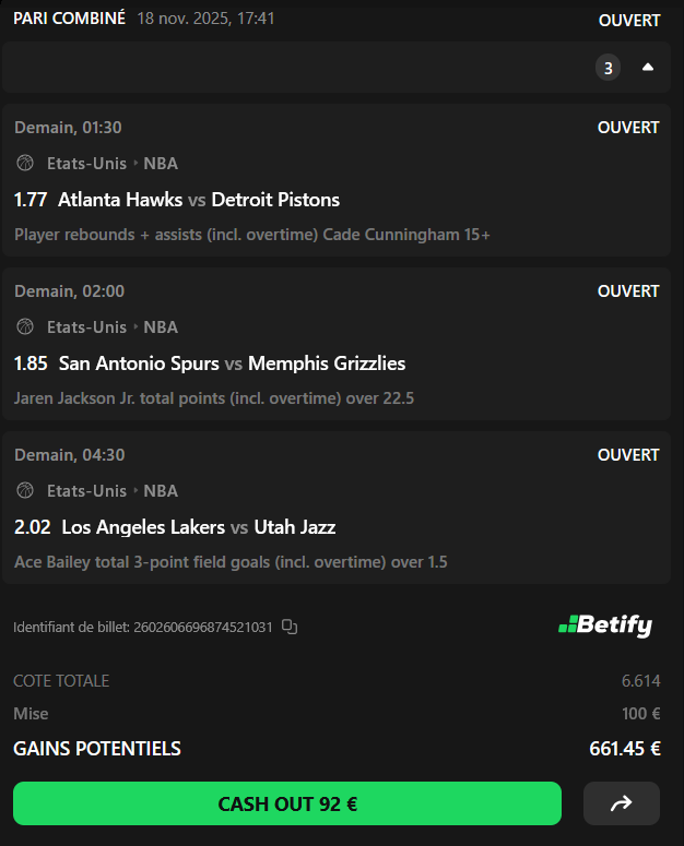 Paul26NBA's tweet photo. [#NBA🏀]📆18/11

JJJ  23 pts &amp; Cunnimgham 15 RP &amp; Bailey +1,5 3 pts 6.61

2 Combi Fun 🔥⬇️

❤️♻️si tu suis 

#TeamParieur #pronostic https://t.co/tz09ytltNY