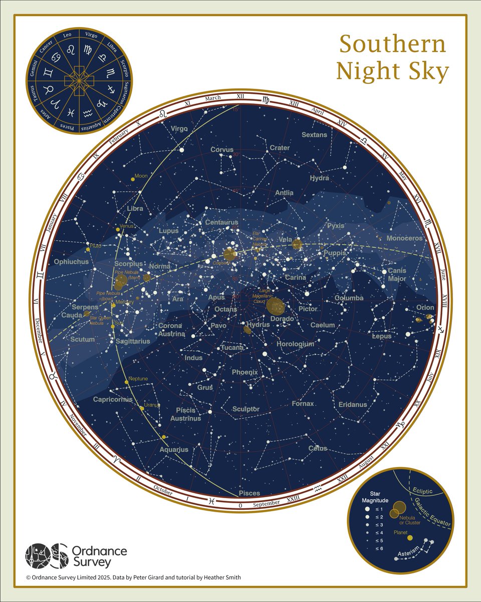 OrdnanceSurvey's tweet image. Graduate Rebekah Spratt maps the northern and southern night skies for Day 18 of the #30DayMapChallenge - Out of This World. 

Using colours from Van Gogh’s Starry Night, these celestial charts bring art and astronomy together. 🌌