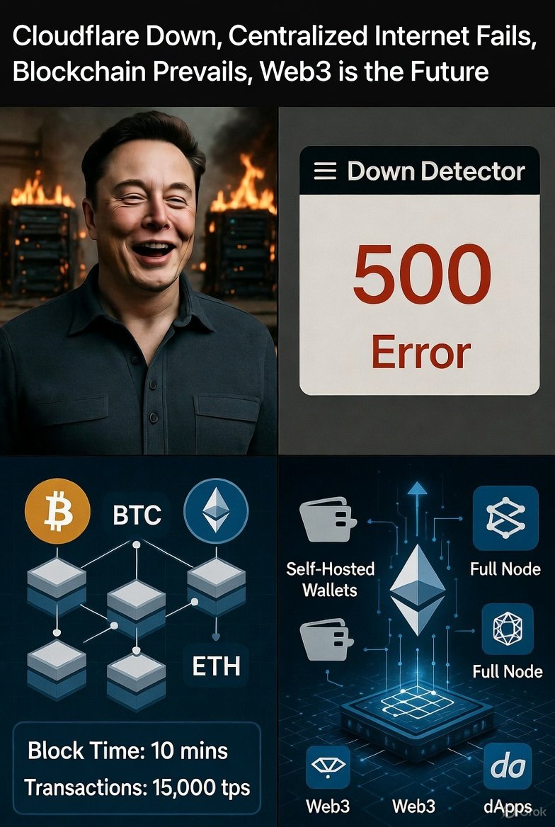 上个月Elon Musk曾嘲笑AWS服务中断，今天Cloudflare出现故障，导致X、ChatGPT、Canva、Discord等众多平台以及大量互联网服务瘫痪。Down Detector自身也无法正常运作。中心化互联网的脆弱性再次暴露。
相比之下，区块链今天照样稳稳运行。