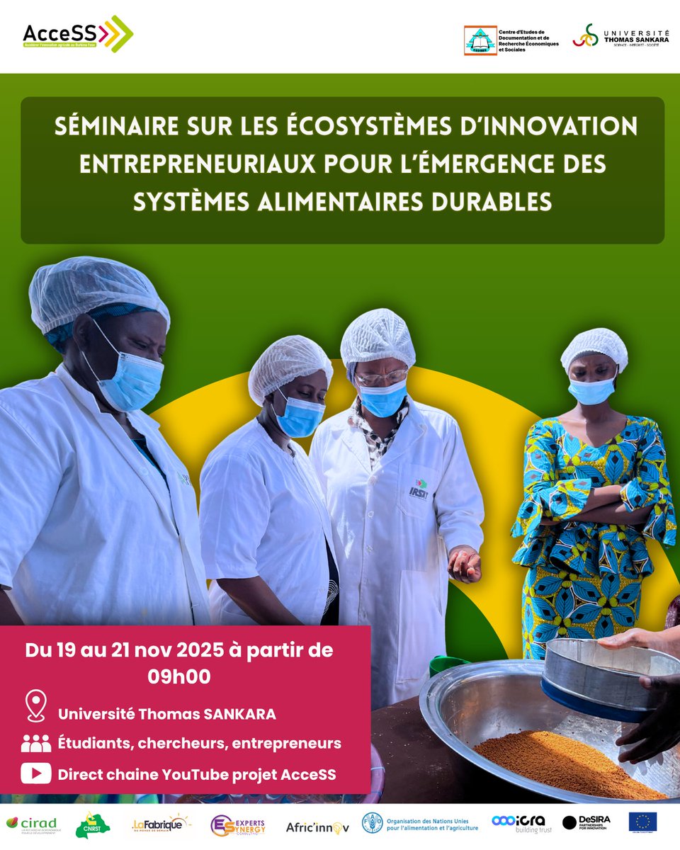 AccessProjet's tweet photo. Étudiants, chercheurs, entrepreneurs, fournisseurs de services support :
Ne ratez pas notre séminaire sur les écosystèmes d’innovation entrepreneuriaux pour des systèmes alimentaires durables, du 19-21/11/25.
🔗 Zoom : https://t.co/VFa3Q7JOjn
🔗 YouTube : https://t.co/w6vkcfEGgE https://t.co/PG8V21w7sS