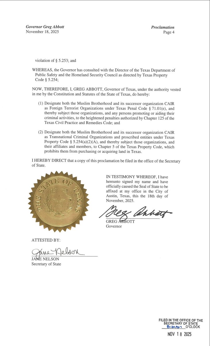 GovAbbottPress's tweet image. TODAY: Governor @GregAbbott_TX designated the Muslim Brotherhood and CAIR as foreign terrorist &amp;amp; transnational criminal organizations. 

This blocks them from buying or acquiring land in Texas &amp;amp; strengthens enforcement to protect Texans.

Proclamation here:bit.ly/4i4nrVr