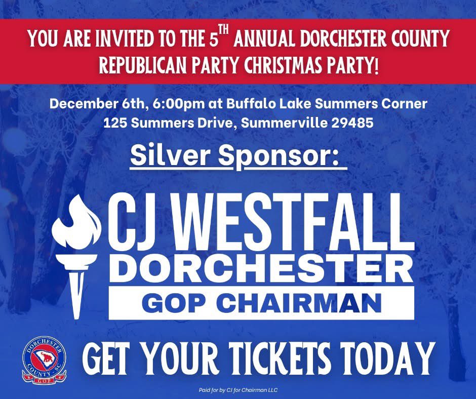 Join us for our 5th Annual Dorchester GOP Christmas Party! Sat, Dec 6th @ 6PM 🎄  

A huge thank you to CJ Westfall, Dorchester GOP Chairman for being a Silver Sponsor of this year’s event!  

🎫 Tix: dcrp.ticketspice.com/christmas-part…  

📍 Buffalo Lake - Summers Corner  
125 Summers Dr,