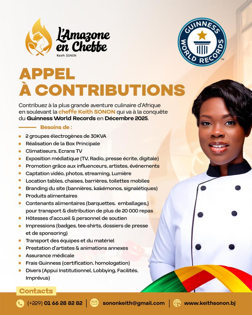 𝗦𝗼𝘂𝗹𝗲𝘃𝗼𝗻𝘀 𝗲𝘁 𝗮𝗶𝗱𝗼𝗻𝘀 𝗟’𝗔𝗺𝗮𝘇𝗼𝗻𝗲 𝗲𝗻 𝗖𝗵𝗲𝗳𝗳𝗲, 𝗞𝗲𝗶𝘁𝗵 𝗦𝗢𝗡𝗢𝗡 𝗽𝗼𝘂𝗿 𝗽𝗼𝗿𝘁𝗲𝗿 𝗹𝗲 𝗕𝗲́𝗻𝗶𝗻 𝗮𝘂 𝗚𝘂𝗶𝗻𝗻𝗲𝘀𝘀 𝗪𝗼𝗿𝗹𝗱 𝗥𝗲𝗰𝗼𝗿𝗱𝘀 🇧🇯

Dès le 1er décembre 2025, L’Amazone en Cheffe, Keith SONON cuisinera pendant au moins 15
