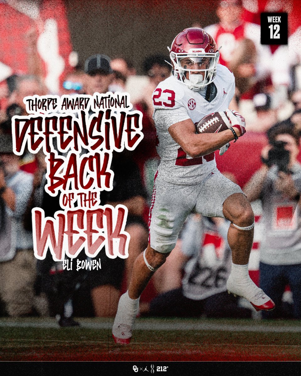 OU_Football's tweet image. Jim Thorpe Award National Defensive Back of the Week 🏆 | Week 12 » @EliBowen12

📝 ouath.at/48lC7fC
