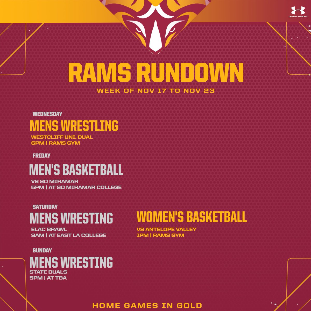 VVC_RAMS's tweet image. 📣 This Week&apos;s Home Events! 🐏

🔥 Men’s Wrestling vs. Westcliff University
📅 Wednesday, Nov 19
🕔 5:00 PM
📍 Rams Gym

🏀 Women’s Basketball vs. Antelope Valley
📅 Saturday
🕐 1:00 PM
📍 Rams Gym

Come out and support your Rams! 💪
#VVCAthletics #HornsUp🤘