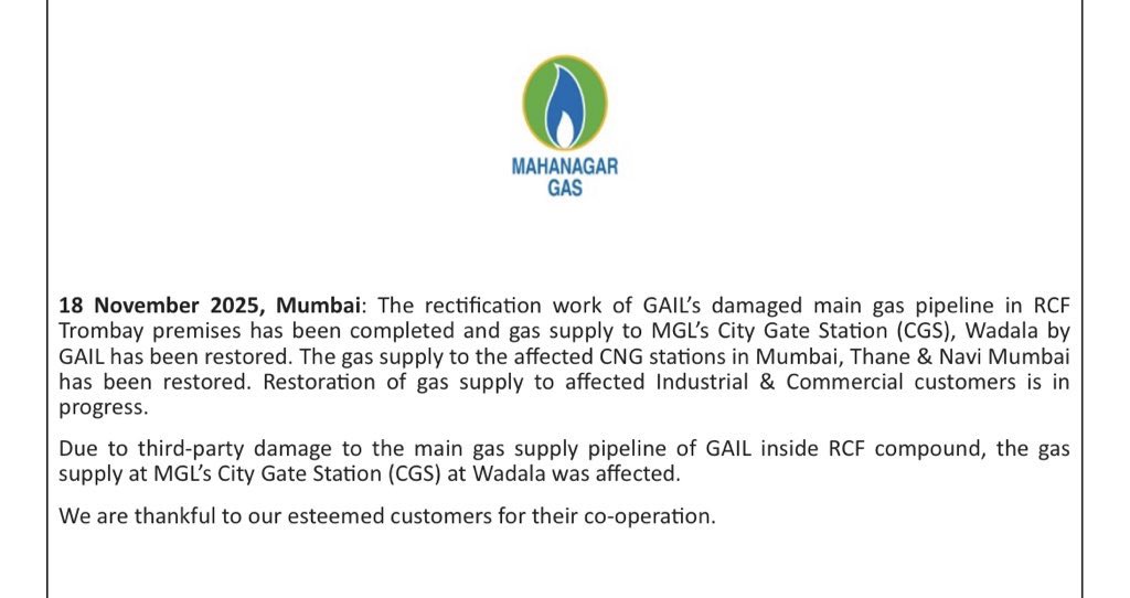 richapintoi's tweet image. Mahanagar gas update: The rectification work of GAIL&apos;s damaged main gas pipeline in RCF Trombay premises has been completed and gas supply to MGL&apos;s City Gate Station (CGS), Wadala by GAIL has been restored. The gas supply to the affected CNG stations in Mumbai, Thane &amp;amp; Navi…