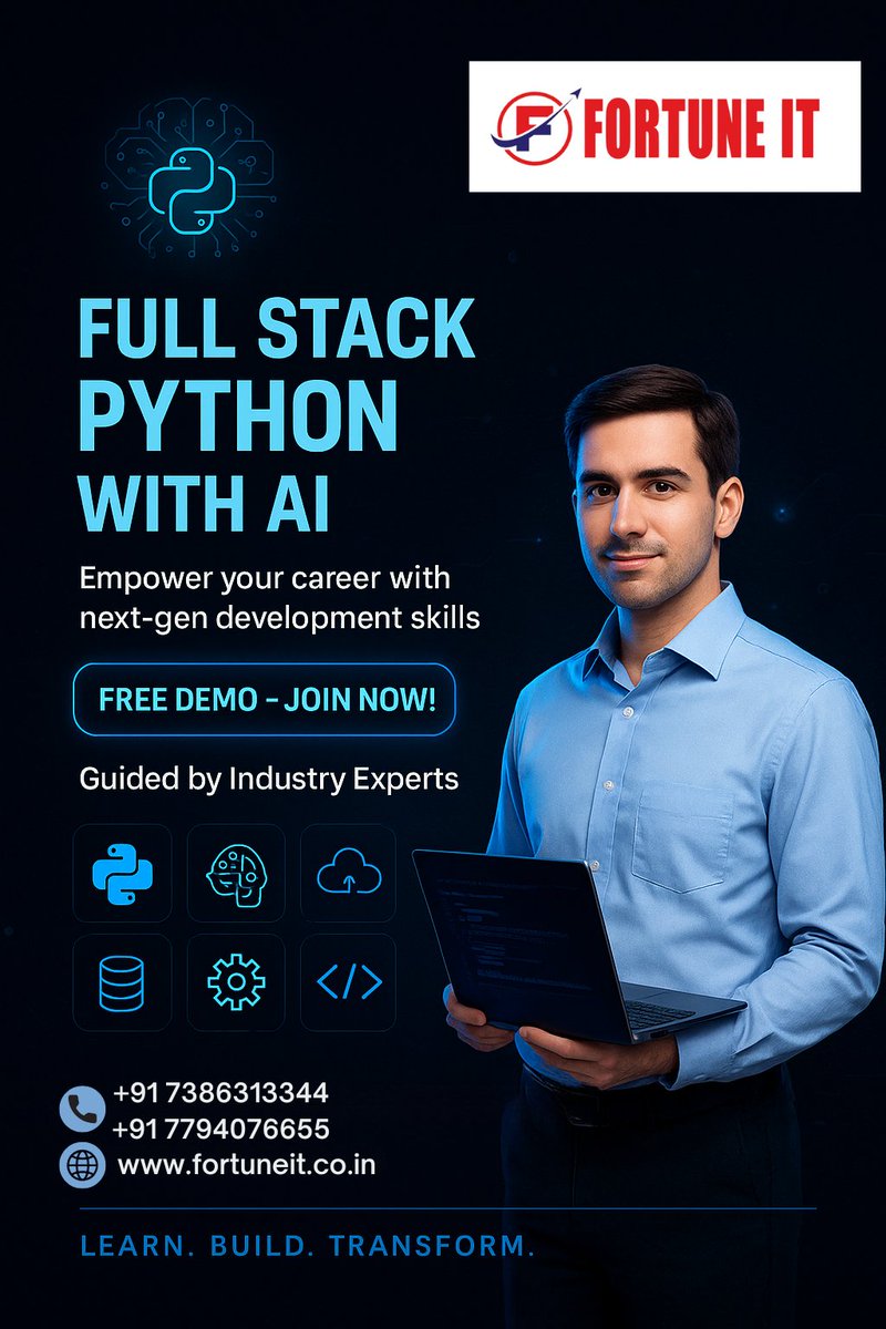 FortuneIT98's tweet image. Become a Full Stack Python + AI Developer!
Join our FREE demo and start your tech journey today. 
#Python #AI #FullStackDev #TechCareers #FortuneIT #UpskillNow