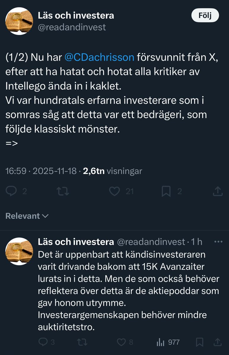 Jag är här, IT strul - men kommer ta en paus. Kan ej svara då kontot blockat mig. Har alltid haft åsikten att man som aktieägare måste kunna lite på bolagets kommunikation och ifrågasatt spekulation, inget annat. Aldrig hotat, eller hatat. Vi får se vad utkomsten av detta blir.