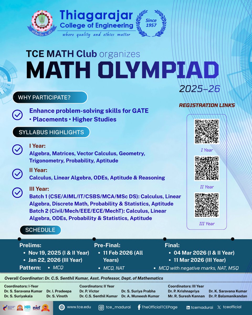 tceofficialpage's tweet image. 🎓 TCE Math Olympiad 2025–26
Boost your problem-solving skills with engineering-focused math challenges.
Prelims: 19 Nov &amp;amp; 22 Jan | Prefinal: 11 Feb | Final: 4 &amp;amp; 11 Mar.
Join and level up!
#TCEMathOlympiad #TCE #MathClub