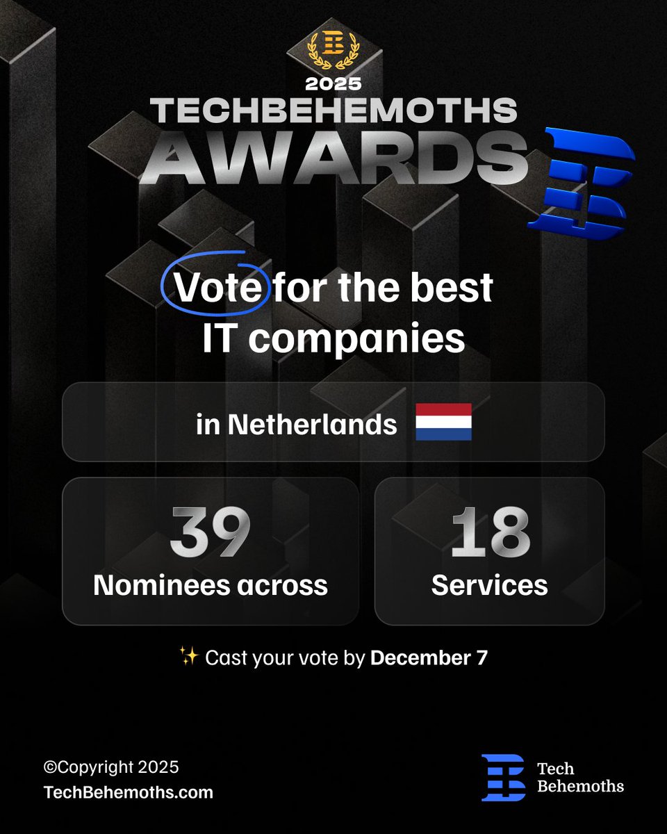 TechBehemoths's tweet image. Spotlight on the Netherlands’ Leading IT Companies 🇳🇱

This year, 39 top IT companies across 18 service categories are recognized in the #TechBehemothsAwards2025 for their innovation and impact in B2B technology.

Celebrate the Dutch IT innovators who are driving digital…
