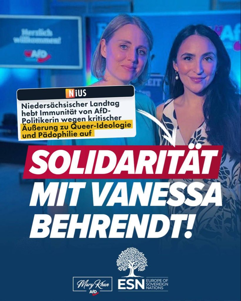 Mary_Khan94's tweet image. Wir schützen unsere Kinder! Solidarität mit Vanessa Behrendt! 🚫🏳️‍🌈

Der Landtag von Niedersachsen hat die heute Immunität meiner Kollegin Vanessa Behrendt aufgehoben, weil sie sich kritisch zur Queer-Ideologie und der &quot;Drag Queen&quot; Jurassica Parka geäußert hatte, die wegen…