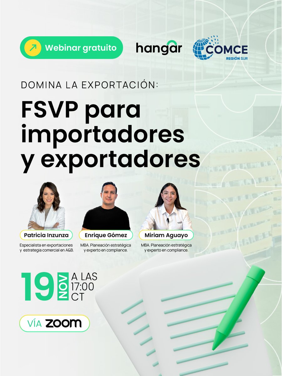 COMCE_Sur's tweet image. ¡No te lo pierdas! ¡Es mañana!

COMCE Sur en colaboración con Hangar Consulting Group, te invita al Webinar: &quot; Domina la Exportación: FSVP para Importadores y Exportadores&quot;

📅 Fecha: Miércoles 19 de noviembre
🕔 Hora: 17:00 hrs (CT)
💻 En línea, vía Zoom

Donde aprenderás:
✅…