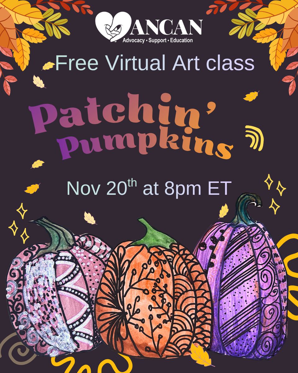 ancan501c3's tweet image. New art class! We&apos;ll be combining patterns + autumn vibes to create cozy doodles. Bring your watercolors &amp;amp; anything you wanna draw doodles with. Register here. It&apos;s free!
docs.google.com/forms/d/e/1FAI…
#artastherapy